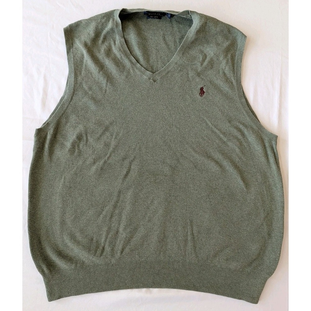 Polo Ralph Lauren Sweater Vest Mens Large Sage Green 100% Pima Cotton V-Neck